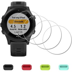[4 Pack] Screen Protector for Garmin Forerunner 945 Smartwatch + Silicone Anti-dust Plugs Tempered Glass Anti-Scratch Bubble-Free