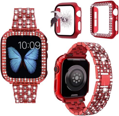 3-Pack Compatible For Apple Watch Band 38mm 40mm 41mm 42mm 44mm 45mm 46mm 49mm, Bling Jewelry Metal Bands with Diamond Case + Screen Protective Cover For iWatch Series 11/10/9/8/7/6/5/4/3/2/1/SE (Rose Gold, 46mm) in Kuwait