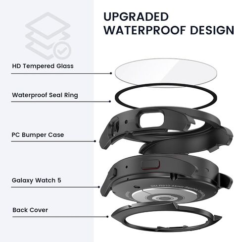 [2 in 1] Tensea for Samsung Galaxy Watch 5 2022 & 4 2021 44mm Waterproof Screen Protector Case Accessories, Protective PC Face Cover Built-in Anti-Fog Tempered Glass, Front & Back Bumper, 44 mm in Saudi Arabia