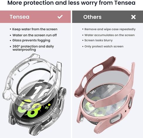 [2 in 1] Tensea for Samsung Galaxy Watch 5 2022 & 4 2021 44mm Waterproof Screen Protector Case Accessories, Protective PC Face Cover Built-in Anti-Fog Tempered Glass, Front & Back Bumper, 44 mm in Saudi Arabia