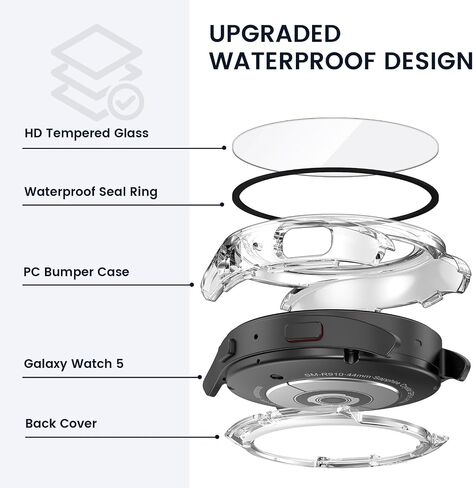 [2 in 1] Tensea for Samsung Galaxy Watch 5 2022 & 4 2021 44mm Waterproof Screen Protector Case Accessories, Protective PC Face Cover Built-in Anti-Fog Tempered Glass, Front & Back Bumper, 44 mm in Saudi Arabia