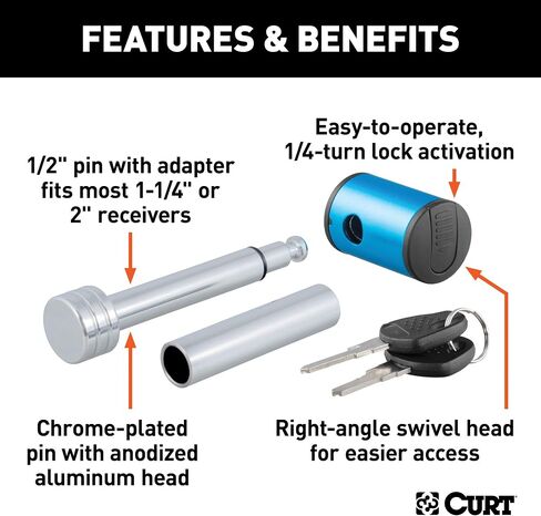 CURT 23506 Right-Angle Trailer Hitch Lock, 1/2-Inch Pin Diameter, 5/8-Inch Adapter, Fits 1-1/4 or 2-Inch Receiver in Saudi Arabia