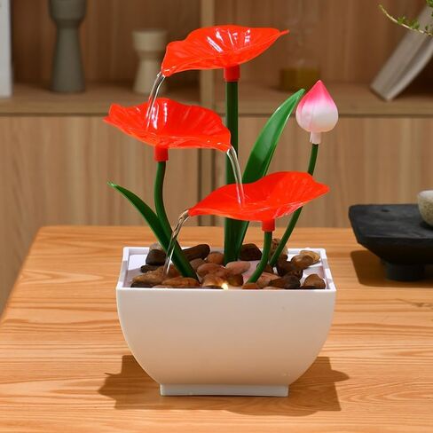 USB Powered Tabletop Fountain with Reflective Lighting Feature and Natural River Rocks, Desktop 3-Tier Indoor Golden Lotus Leaf and Flower Relaxation Fountains Waterfall, Office Home Decor in Saudi Arabia