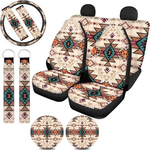 Western Car Seat Covers for Women Full Set,Aztec Tribal Steering Wheel Cover,Seat Belt Cushion,Cup Holder,Wristlet Keychain Lanyard Universal in Saudi Arabia