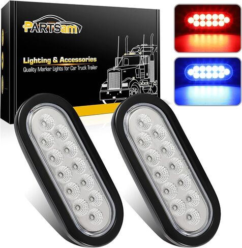 Partsam 2Pcs 6.7 Inch Oval Red Stop Turn Tail Lights and Blue Auxiliary Lights Kit 12 Diodes w/Rubber Grommets & 3-Prong Wire Pigtails Red/Blue Oval Led Truck Trailer Tail Lights and Auxiliary Lights in Kuwait