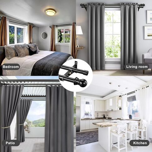 قضبان ستائر مزدوجة للنوافذ من 48 إلى 84 بوصة - قضبان نوافذ مزدوجة قابلة للتعديل شديدة التحمل مقاس 1 بوصة - قضيب ستارة مزدوج أسود مزخرف لانزلاق الباب الزجاجي والفناء وغرفة النوم والمطبخ والحمام in Kuwait