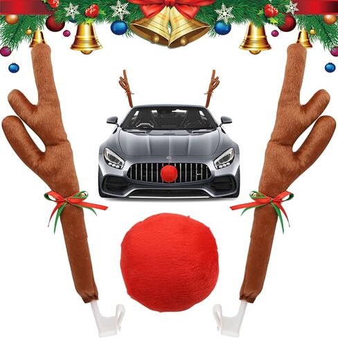 Aohcae Christmas Car Reindeer Antlers & Nose for Cars Window Rudolph Reindeer Car Kit with Jingle Bell Christmas Car Antlers Decoration Christmas Auto Accessories in Saudi Arabia