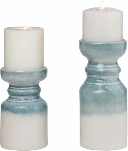 Elanze Designs L0228 Stoneware Earthy Ombre، أزرق/أبيض 7.9 × 3.45 بوصة حامل شموع من السيراميك؛ مجموعة من 2 in Saudi Arabia