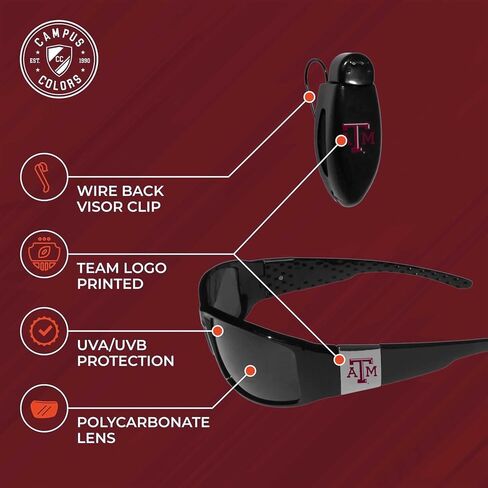 نظارة شمسية Siskiyou NCAA من الكروم الأسود مع حزمة مشبك قناع - حماية من الأشعة فوق البنفسجية - عدسات غير مستقطبة - نظارة شمسية واضحة الرؤية (Texas A&M Aggies - أسود) in Kuwait