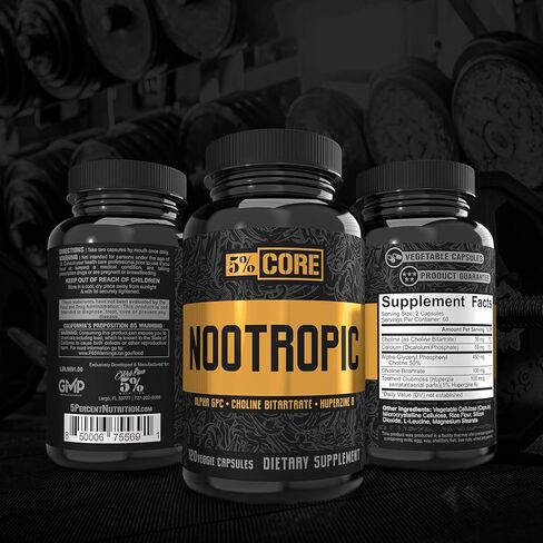 مزيج منشط للذهن الغذائي بنسبة 5% | 450 مجم ألفا جي بي سي + هوبرزاين أ + كولين بيتارترات | التركيز الأساسي وتعزيز الأداء المعرفي | غير ستيم | (60 حصة / 120 كبسولة نباتية) in Kuwait