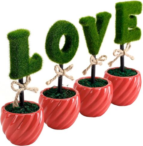 أشجار توبياري صناعية صغيرة على شكل حرف L-O-V-E من MyGift في أوعية سيراميك بيضاء، نباتات صناعية داخلية منحوتة هدية سياج الحب للأم، مجموعة من 4 قطع in Saudi Arabia
