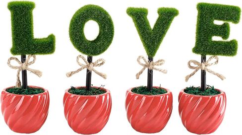 أشجار توبياري صناعية صغيرة على شكل حرف L-O-V-E من MyGift في أوعية سيراميك بيضاء، نباتات صناعية داخلية منحوتة هدية سياج الحب للأم، مجموعة من 4 قطع in Saudi Arabia