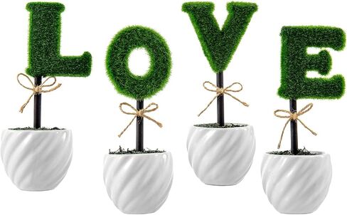 MyGift Decorative L-O-V-E Letter Shaped Small Faux Topiary Trees in White Ceramic Pots, Indoor Artificial Plants Sculpted Love Hedge Gift for Mom, 4 Piece Set in Saudi Arabia