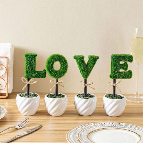 MyGift Decorative L-O-V-E Letter Shaped Small Faux Topiary Trees in White Ceramic Pots, Indoor Artificial Plants Sculpted Love Hedge Gift for Mom, 4 Piece Set in Saudi Arabia