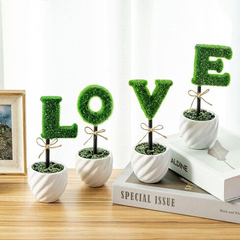 MyGift Decorative L-O-V-E Letter Shaped Small Faux Topiary Trees in White Ceramic Pots, Indoor Artificial Plants Sculpted Love Hedge Gift for Mom, 4 Piece Set in Saudi Arabia