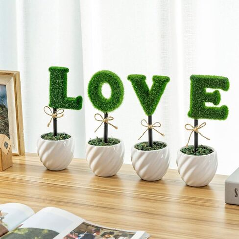 MyGift Decorative L-O-V-E Letter Shaped Small Faux Topiary Trees in White Ceramic Pots, Indoor Artificial Plants Sculpted Love Hedge Gift for Mom, 4 Piece Set in Saudi Arabia