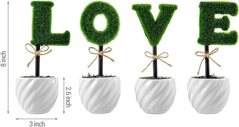 MyGift Decorative L-O-V-E Letter Shaped Small Faux Topiary Trees in White Ceramic Pots, Indoor Artificial Plants Sculpted Love Hedge Gift for Mom, 4 Piece Set in Saudi Arabia