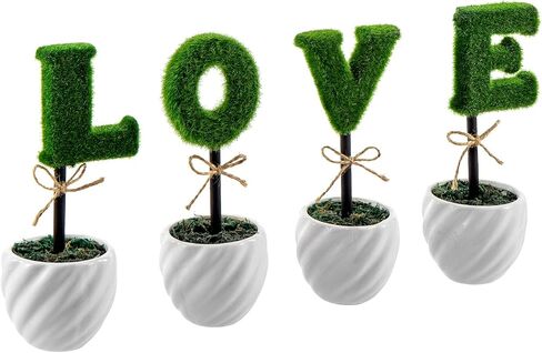 MyGift Decorative L-O-V-E Letter Shaped Small Faux Topiary Trees in White Ceramic Pots, Indoor Artificial Plants Sculpted Love Hedge Gift for Mom, 4 Piece Set in Saudi Arabia