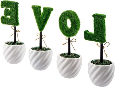 MyGift Decorative L-O-V-E Letter Shaped Small Faux Topiary Trees in White Ceramic Pots, Indoor Artificial Plants Sculpted Love Hedge Gift for Mom, 4 Piece Set in Saudi Arabia