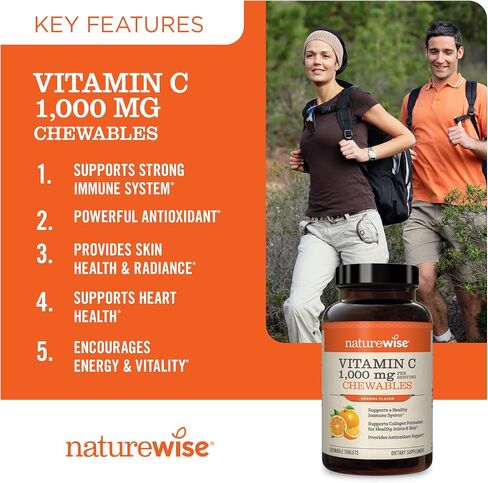 مكمل أقراص فيتامين C 1000 ملغ قابل للمضغ من NatureWise - دعم لنظام المناعة الصحي وتوليف الكولاجين - أقراص نباتية وغير معدلة وراثيًا وخالية من الغلوتين قابلة للمضغ بنكهة البرتقال - عدد 90 [كمية تكفي 45 يومًا] in Kuwait