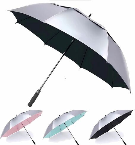 MRTLLOA 68/72 Inch Automatic Open UV Golf Umbrella, Extra Large Oversize Double Canopy Vented Windproof Waterproof Stick Umbrellas for Sun/Rain (Pink/Silver, 68 inch/Silver) in Saudi Arabia
