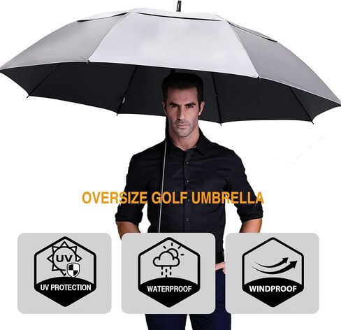 MRTLLOA 68/72 Inch Automatic Open UV Golf Umbrella, Extra Large Oversize Double Canopy Vented Windproof Waterproof Stick Umbrellas for Sun/Rain (Pink/Silver, 68 inch/Silver) in Saudi Arabia