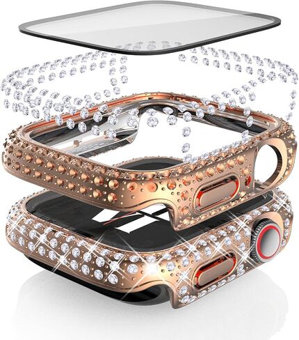 عبوة من 3 قطع من Fullife متوافقة مع Bling Apple Watch Series 6 مقاس 40 مم، غطاء ممتص للصدمات من الكريستال الماسي مع واقي شاشة لـ iWatch SE2/SE Series 6 5 4 للرجال والنساء، (40 مم، ذهبي وردي/قوس قزح/شفاف) in Kuwait