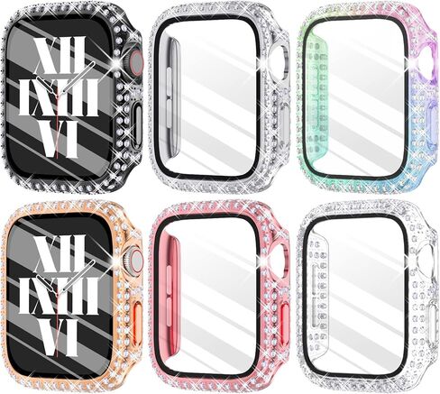عبوة من 3 قطع من Fullife متوافقة مع Bling Apple Watch Series 6 مقاس 40 مم، غطاء ممتص للصدمات من الكريستال الماسي مع واقي شاشة لـ iWatch SE2/SE Series 6 5 4 للرجال والنساء، (40 مم، ذهبي وردي/قوس قزح/شفاف) in Kuwait