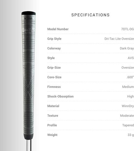 مقبض جولف WINN DriTac Lite كبير الحجم + 1/8 بوصة باللون الرمادي الداكن - أفضل تقنية Winn - إمكانية اللعب في جميع الأحوال الجوية - WinnDry Polymer - وزن قبضة مخفض لتحسين شعور رأس النادي، وإيقاع التأرجح والاتصال الصلب in Kuwait