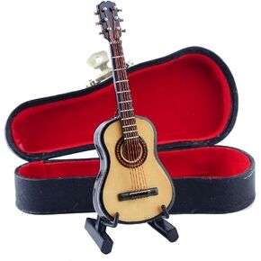 Wooden Miniature Guitar with Stand and Case Mini Musical Instrument Guitar Replica Collectible Figurines Dollhouse Accessories Model Home Decoration Display Ornament (3.94"x1.42"x0.59")