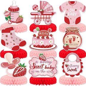 Strawberry Baby Shower Party Decorations,9 PCS KSKSPE Baby Shower Centerpieces for Tables Honeycomb Centerpieces 3D Strawberry Baby Shower Theme Birthday Party Decor Supplies Boys Girls
