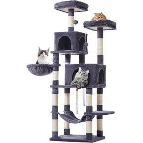 Taoqimiao Cat Tree, 66.2-Inch Cat Tower for Indoor Cats, Plush Multi-Level Cat Condo with 12 Scratching Posts, 2 Perches, 2 Caves, Hammock, 2 Pompoms, Smoky Gray MS013G