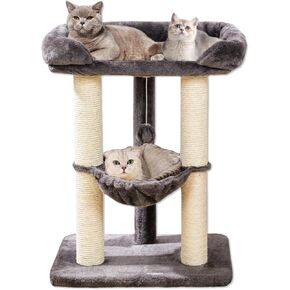 Happi N Pets 28" Large Cat Tree Tower for Indoor Cats, Cat Scratch Post with Large Bed for Maine Coon Big Cats, Sisal Cat Scratcher with Soft Perch & Hammock, Stable Cat Stand, Removable Cover-Beige