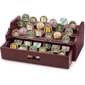 ZOOFOX Challenge Coin Display Holder, 12 Row Wood Military Coin Rack with Drawer, 3-Tier Army Collectible Coins Case for Desktop, Collectors, Holds 80-90 Coins