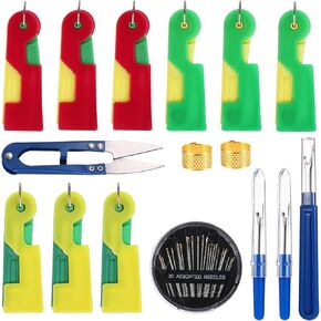 9 Pcs Sewing Tools Kit Automatic Needle Threader with 30 Self-Threading Hand Sewing Needle 2 Sewing Thimble 3 Seam Ripper and Sewing Scissor Sewing Tools Set for Sewing Craft