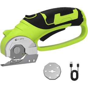 Cordless Electric Scissors, Cardboard Cutter with Replacement Self-Sharpening Cutter Blade and Safety Lock, Rotary Cutter with LED Light for Fabric, Carpet, Leather or Plastic, Green