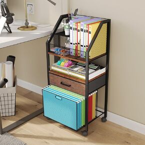 Rolling File Cart with Wheels - Utility Storage Cart with Drawers for Office, Home, Classroom Organization, Rolling Cart for Books, Files, and Supplies（Rustic Brown and Black）