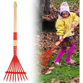 Kids Rakes with Hardwood Handle - Metal Kids Leaves Rakes, 28" Child Size Lawn Rakes with Vibrant Red Heads, Garden Tool Set for Kids Boys and Girls