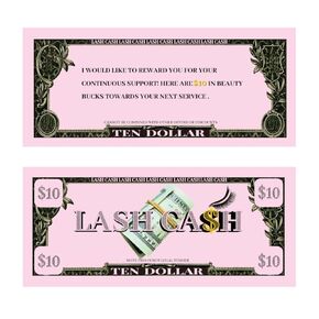 Lash Client Loyalty Reward Card, Lash Cash Coupon Voucher Lash Tech Supplies Dollar Bill Beauty Bucks for Eyelash Extension Aftercare Business