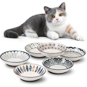 Small Ceramic Cat Food Bowl - Wide Shallow Cat Bowl with Non-Slip Mat - Whisker Friendly Cat Feeding Bowls - Japanese Style Cute Cat Dish - Cat Plates - Dishwasher Safe - Set of 6-8.5 oz - 5.75 inch