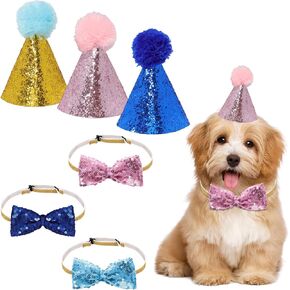 Fumwase 6PCS Pet Party Jazz Hat and Blingbling Bow Tie-Breakaway Collar Set Multi Colored Adjustable Headband for Kitten Puppy Small Dog Cat Party Supplies (Pink+ Blue+Lake Blue)