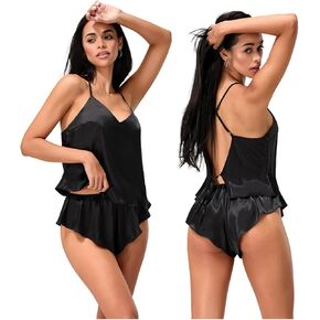 silk pajamas for women Lounge 2 piece sexy Lingerie V Neck camisole Pjs Backless cami top and Shorts set Sleepwear