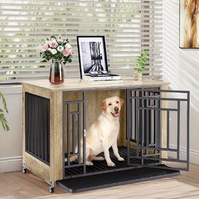 DWVO Dog Crate Furniture with Wheels, 38 Inch Dog Kennel Indoor Heavy Duty End Table Dog Crate for Large Medium Dogs, Decorative Wooden Dog Cage Table with Removable Tray, Chew-Resistant, Greige