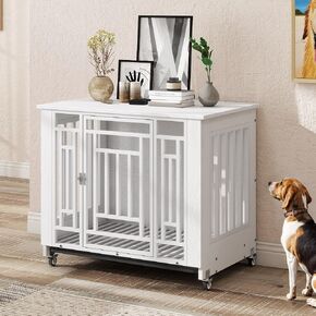DWVO Dog Crate Furniture with Wheels, 32 Inch Dog Kennel Indoor Heavy Duty End Table Dog Crate for Small Medium Dogs, Decorative Wooden Dog Cage Table with Removable Tray, Chew-Resistant, White