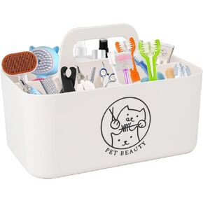 Dog Storage Organizer for Grooming Supplies,Portable Caddy Organizer for Pet Stuff,Divided Storage Bin for Dog Cat Grooming Kit,Dog Stuff Organizer with Handle for Shampoo,Clipper,Comb-White