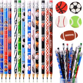 63 PCS ألعاب الرصاص الرياضية مع محايات الكرة الرياضية ، 48 جهاز كمبيوتر شخصي مضحكة ألوان خشبية لطيف HB الرصاص قلم رصاص مع 15 جهاز كمبيوتر محوّد للأطفال الرياضيون.