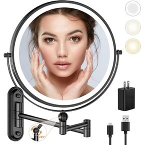 9" Wall Mounted Makeup Lighted Mirror, 4000mAh Rechargeable Double Sided LED Vanity Mirror with Height Adjustable&1X/10X Magnification, 3 Color Lights Touch Screen Dimmable 360°Swivel Bathroom Mirror