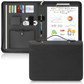 During Zipper Portfolio padfolio Folder,Cross Grain Faux Leather Business Portfolio Folder A4 / Letter Size Padfolio Organizer with Handle and Clipboard for Conference Meeting Interview