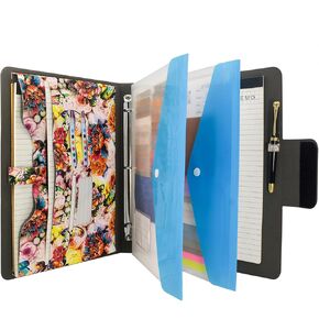 3-Ring Binder Clipboard Portfolio Organizer Folder Case, Flower Painting PU Leather Padfolio Ring Binder with Expanded Document Bag and Clipboard (Pink)