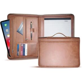 تشمل حافظة سحاب مع مقبض ، و padfolio للمواد الجلدية ، حافظة مذكرات مفكرة ، مجلد محفظة بنية داكنة.